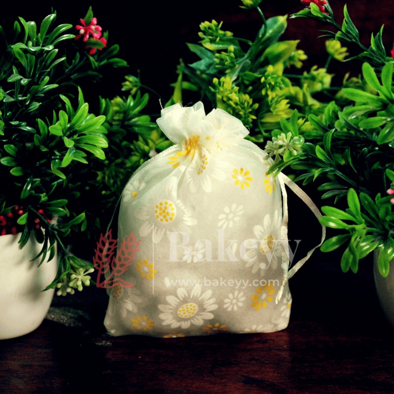 10x14 CM | Floral Design Organza Potli Bags | Pack of 100 | White Color | Candy Bag