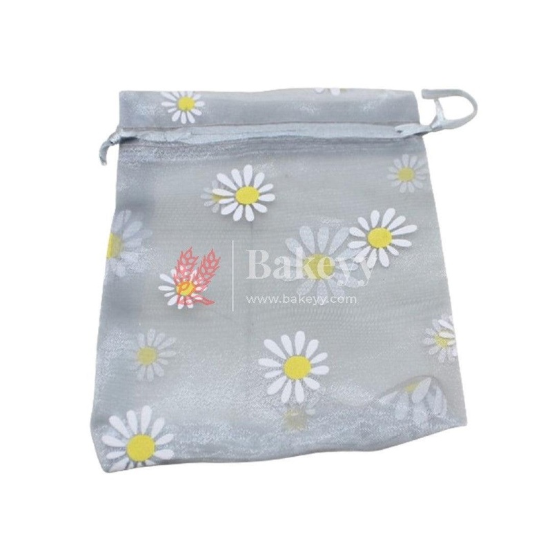 10x14 CM | Floral Designs Organza Potli Bags | Pack of 100 | Grey Color | Candy Bag