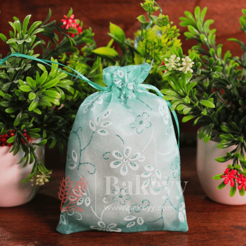 10x14 CM | Floral Designs Organza Potli Bags | Pack of 100 | Turquoise Color | Candy Bag