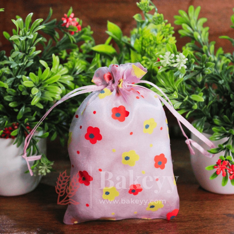 10x14 CM | Floral Designs Organza Potli Bags | Pack of 100 | Violet Color | Candy Bag