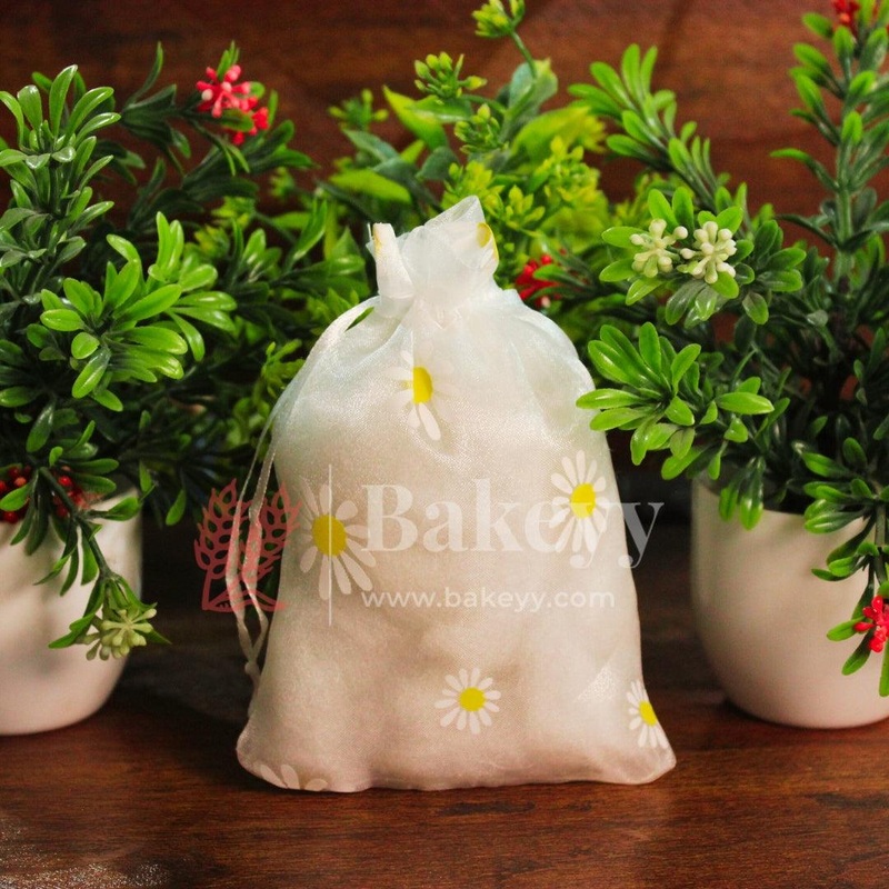 10x14 CM | Floral Designs Organza Potli Bags | Pack of 100 | White Color | Candy Bag