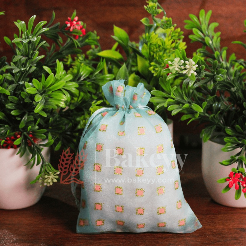 10x14 CM | Organza Potli Bags | Pack of 100 | Sky Blue Color | Candy Bag