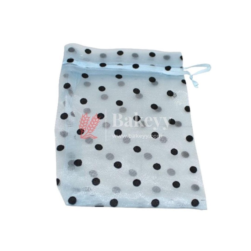 10x14 CM | Polka Dots Organza Potli Bags | Pack of 100 | Light Blue Color | Candy Bag