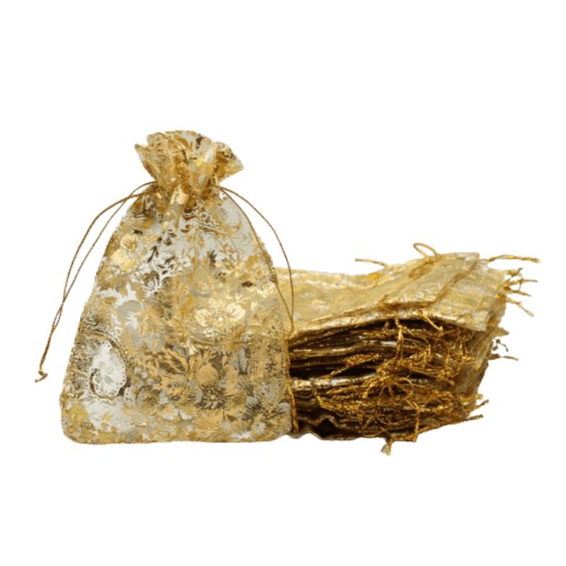 16x20 CM | Printed Organza Potli Bags | Pack of 40 | Gold Colour | Candy Bag