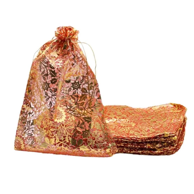 16x20 CM | Printed Organza Potli Bags | Pack of 40 | Red Colour | Candy Bag
