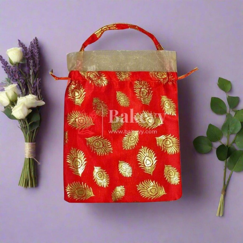 20x25 CM Design potli Bag  | Red with Golden Peacock feathers | Pack Of 10