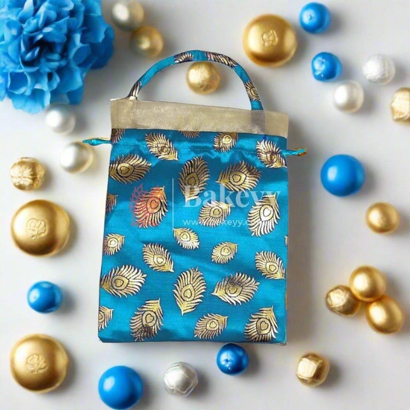 20x25 CM  Design potli Bag  | Sky Blue with Golden Peacock feathers | Pack Of 10