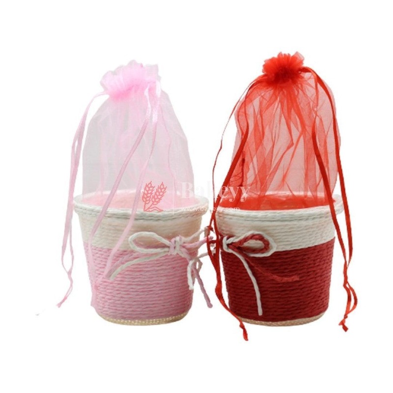 Small Round Basket With Organza Net for Party Decorations, Baby Shower Favors, Gift Boxes with Sheer Drawstring Bags