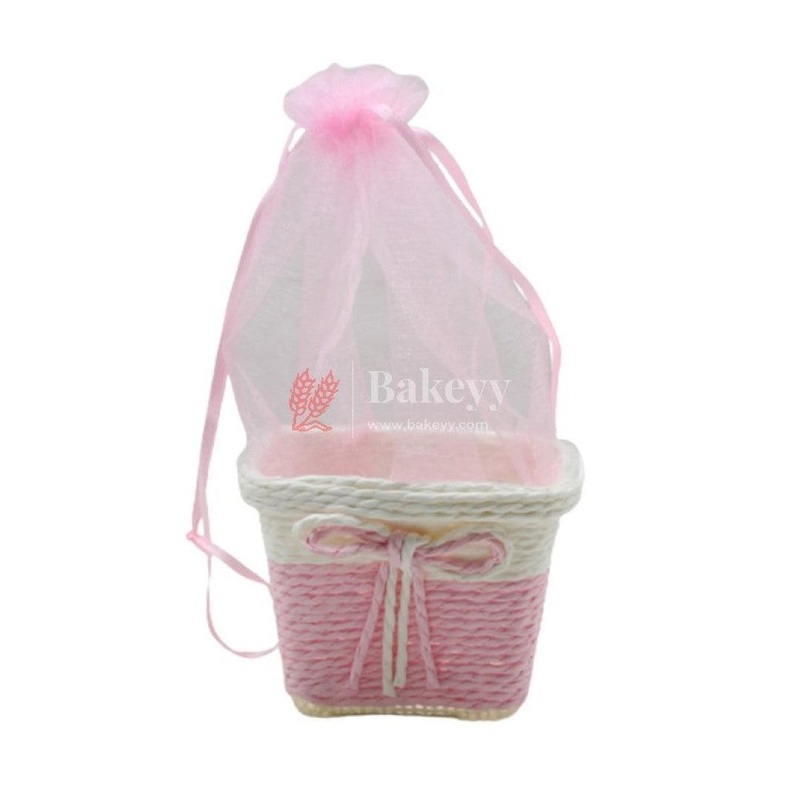 Small Square Basket With Organza Net for Party Decorations, Baby Shower Favors, Gift Boxes with Sheer Drawstring Bags