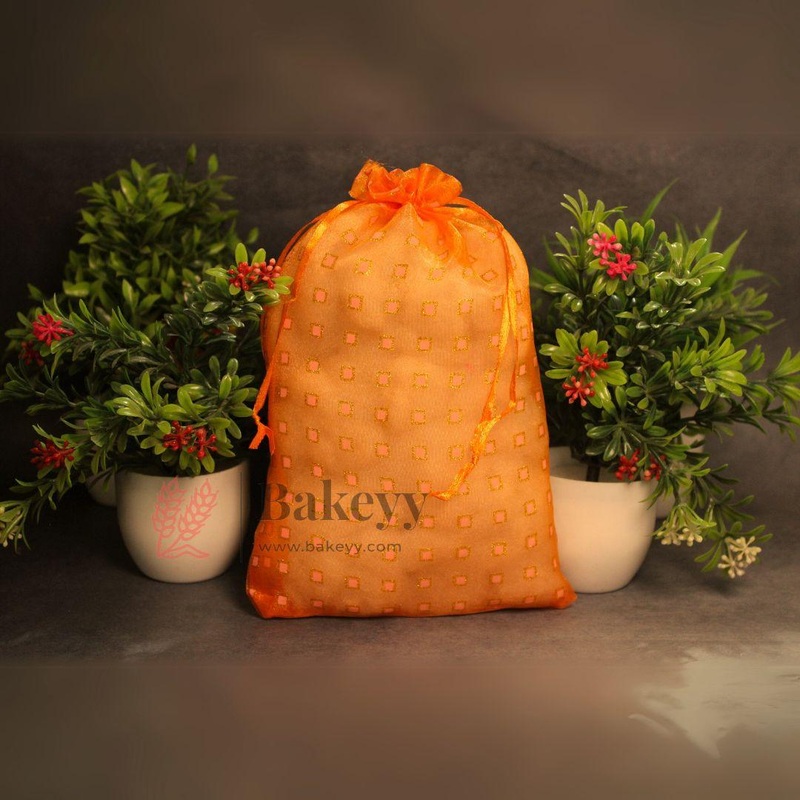 16x20 CM | Dotted Designs Organza Potli Bags | Pack of 50 | Orange Color | Candy Bag