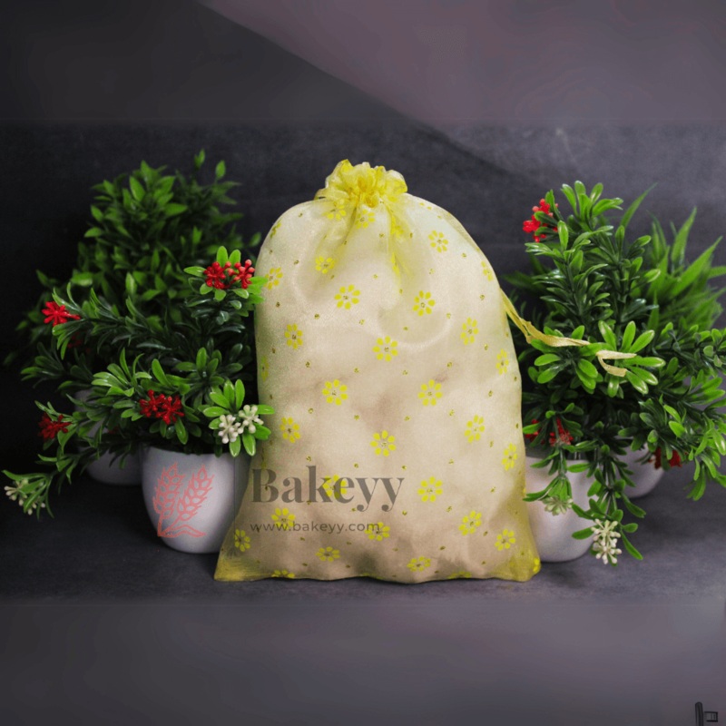 16x20 CM | Floral Dots Designs Organza Potli Bags | Pack of 50 |  Yellow Color | Candy Bag