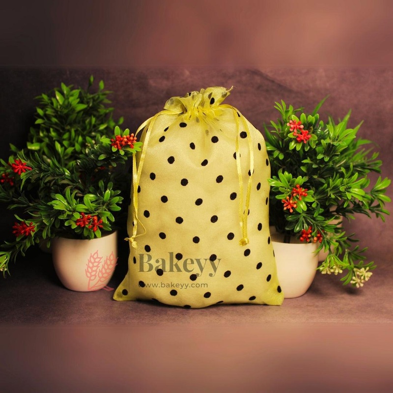 16x20 CM | Polka Dots Organza Potli Bags | Pack of 50 | Yellow Color | Candy Bag