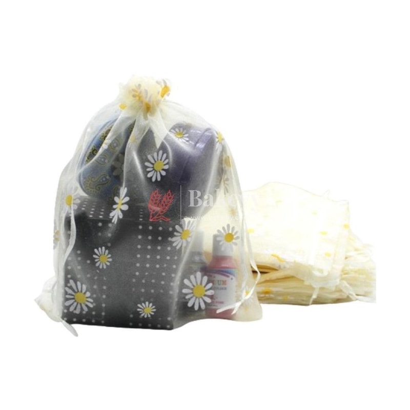 20x25 CM | Floral Designs Organza Potli Bags | Pack of 50 |  Cream Color | Candy Bag