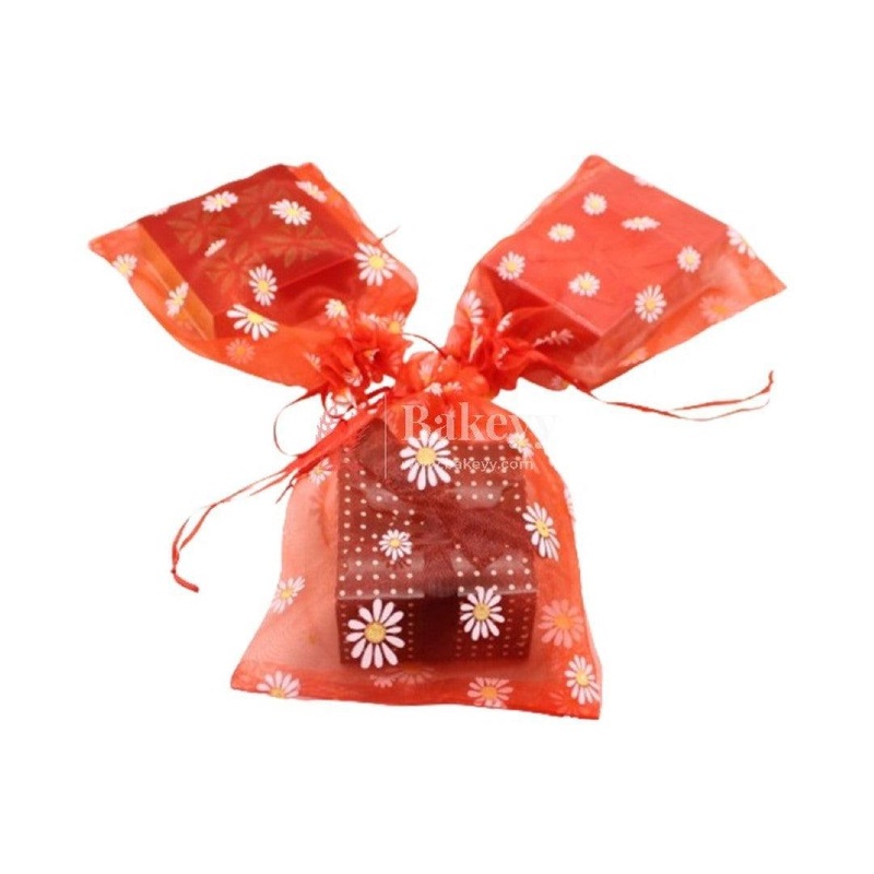 20x25 CM | Floral Organza Potli Bags | Pack of 50 | Red Color | Candy Bag |