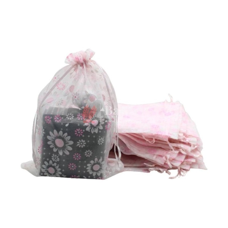 22x31 CM | Floral Designs Organza Potli Bags | Pack of 50 | Light Pink Color | Candy Bag | Pack of 50