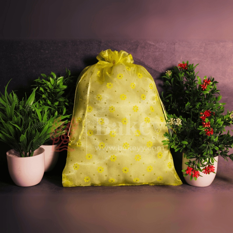 22x31 CM | Floral Designs Organza Potli Bags | Pack of 50 |  Yellow Color | Candy Bag