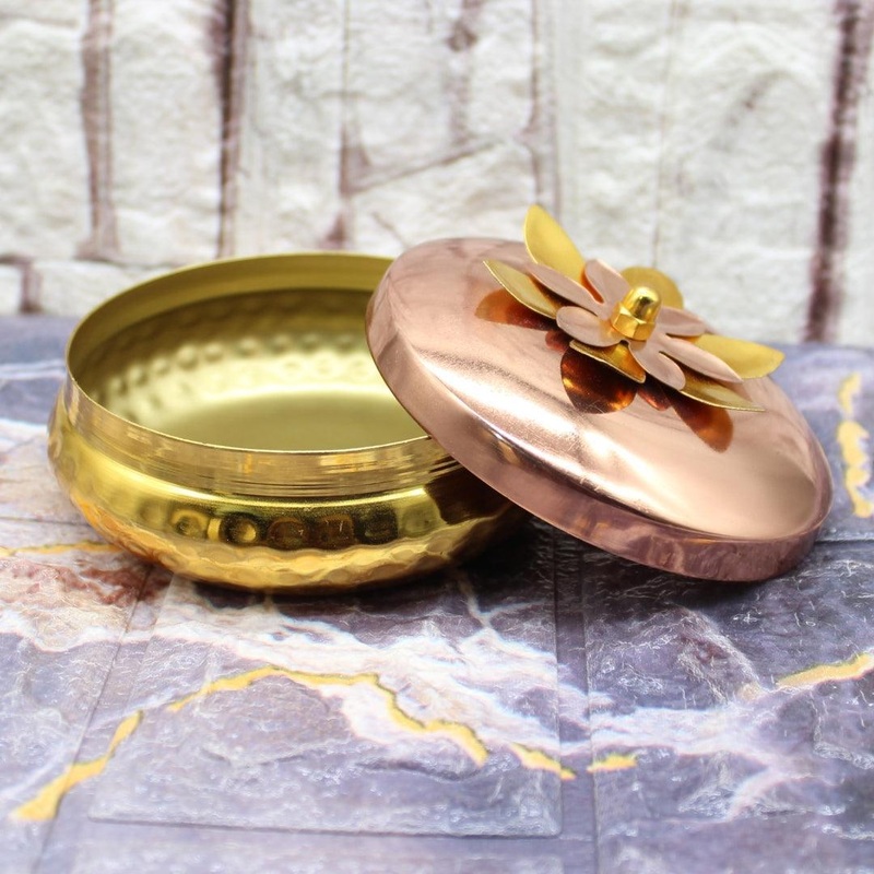 4 Inch| Dry Fruit Jar for Gifting| Gold and Copper Flower on Lid | Designer Jar | Copper tin & Copper lid | 1 Piece