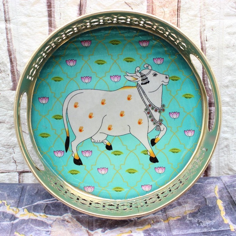 8 Inch | Decorative Round Gold Metal Hamper Basket For Gifting | Green Colour Mixed Prints