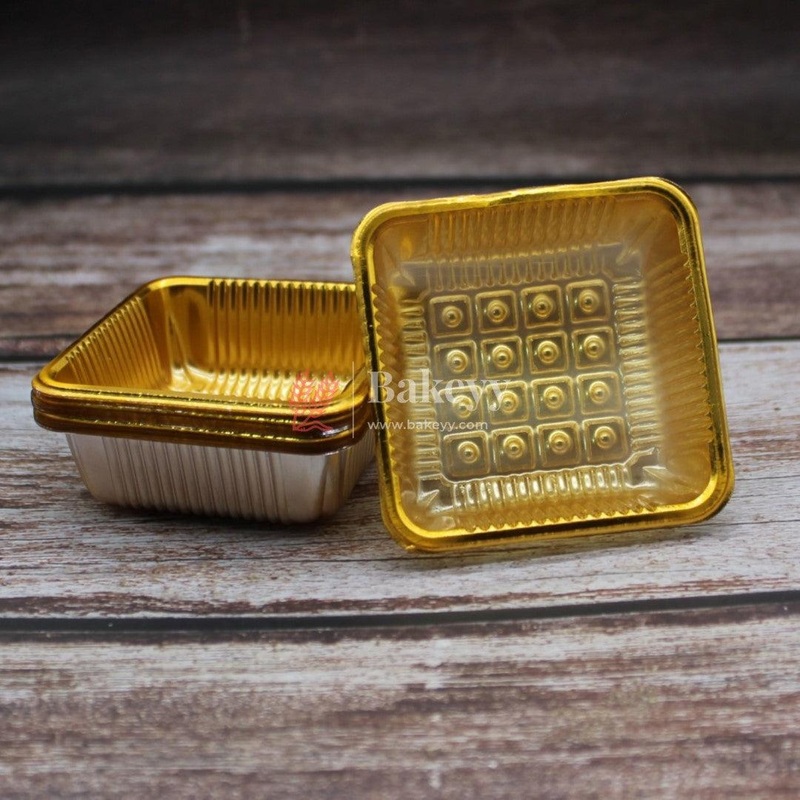 Square Disposable Plastic Gold Foil Tray |  Sweet Tray | Chocolate Tray | Pack of 100
