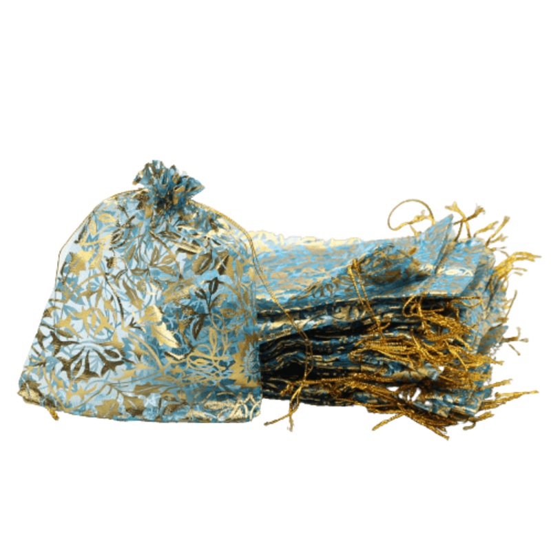 10x14 CM | Printed Organza Potli Bags | Pack of 70 | Sky Blue Colour | Candy Bag