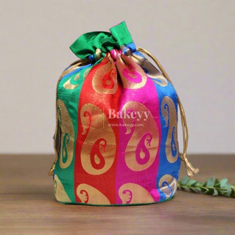 18x24 CM  Design Potli Bag  | Multi Color with Gold Print | Pack Of 10