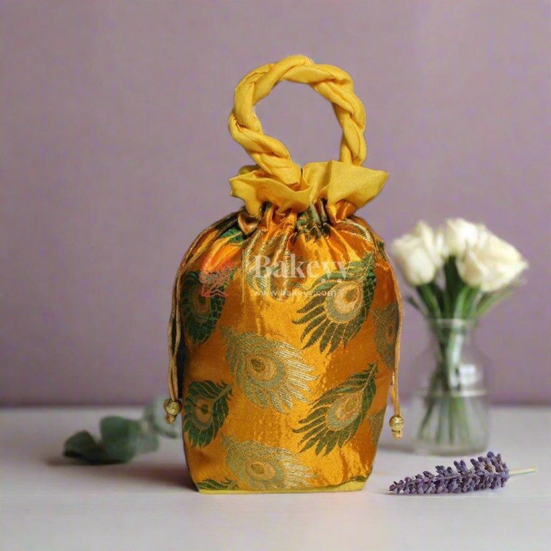 18x24 CM    Design Potli Bag  | Yellow with Peacock Feather Print | Pack Of 10
