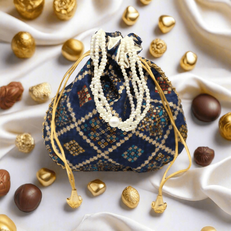 20x24 CM Fancy Potli Bag Return Gifts For Ladies | Gold & Navy Blue