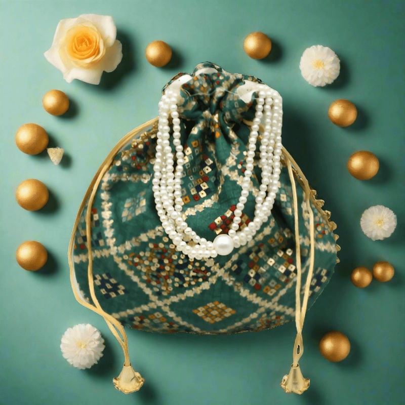 20x24 CM Fancy Potli Bag Return Gifts For Ladies | Multicolour With Green Colour