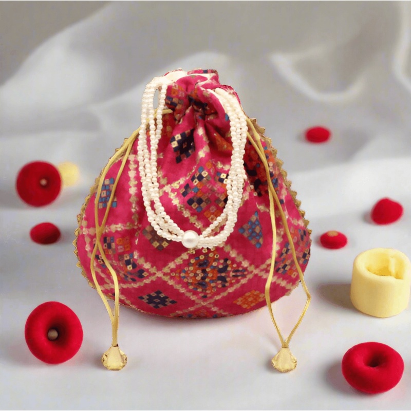 20x24 CM Fancy Potli Bag Return Gifts For Ladies | Multicolour With Rose Pink Colour