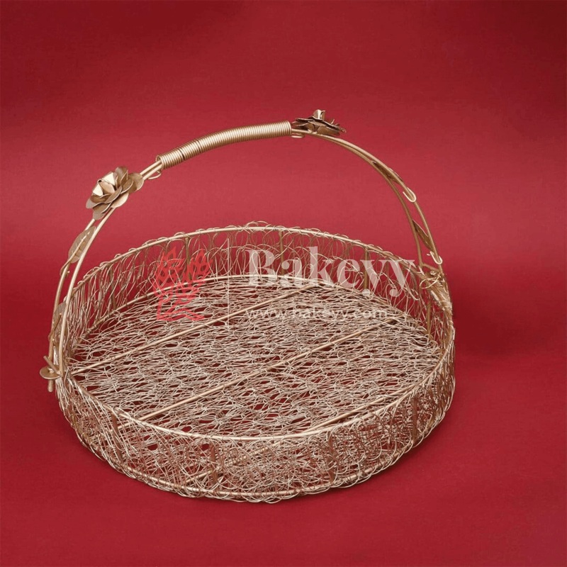 Decorative Gold Metal Hamper Basket For Gifting Round with Handle