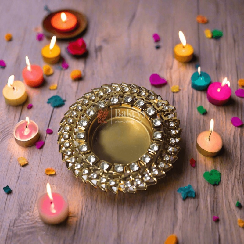 Diwali Diya | Round Spiral With Diamonds  Metal Diya With Diamonds | Diwali Lamp