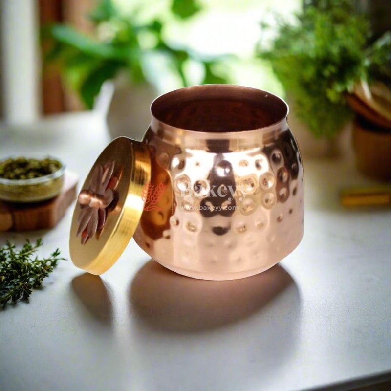 Hammered Copper Decorative Jar with Floral Lid | Copper tin & Copper Lid |