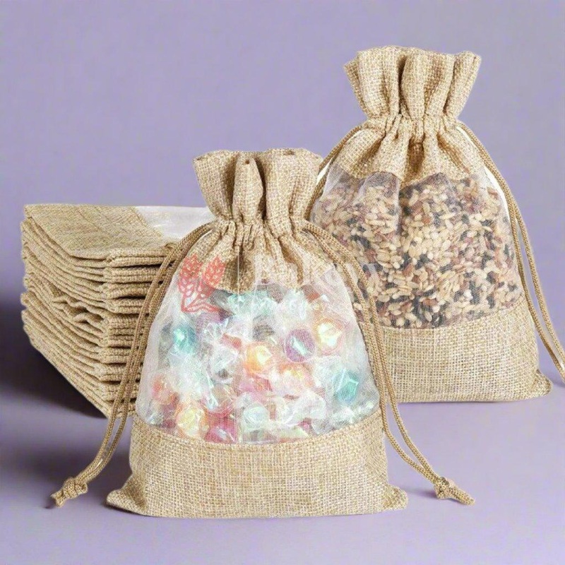 10x14 CM Natural | Jute Potli Window Bag | Gift Return Gifts Bags | Drawstring Bags
