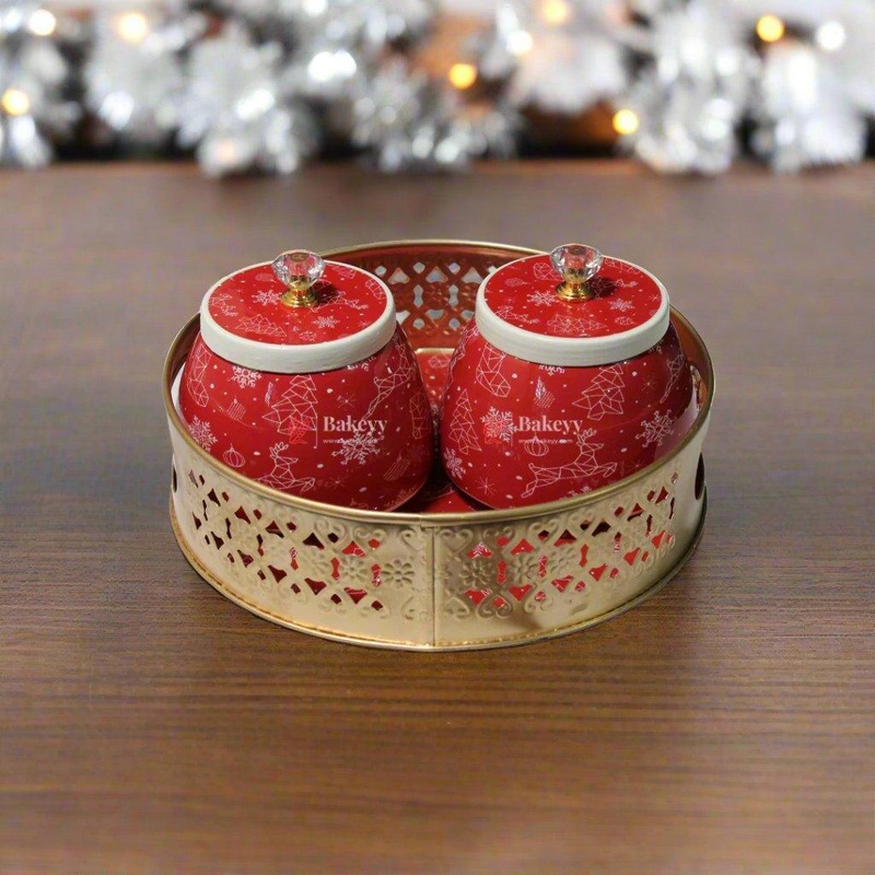 4 Inch| Round Christmas Tray with Two Jars | Set of 2 Jars, 1 Tray|  Perfect for Gifting, Dry Fruits, or Candy Storage
