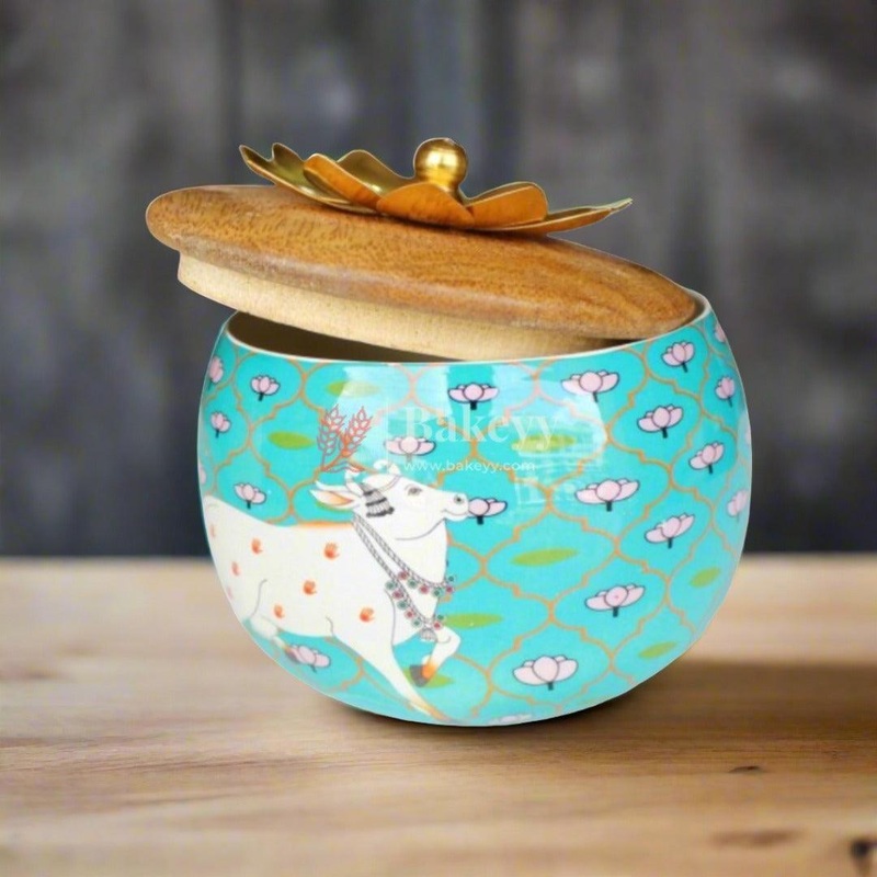 4 Inches |Turquoise Handcrafted Decorative Jar with Floral Wooden Lid| 1 Piece