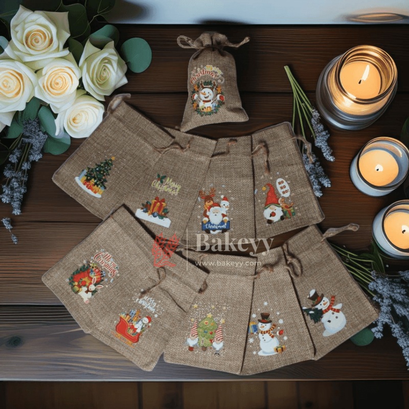 Christmas Jute Potli  Bags | Printed Potli Jute Bag (Mixed Designs) | Gift Return Gifts Bags |