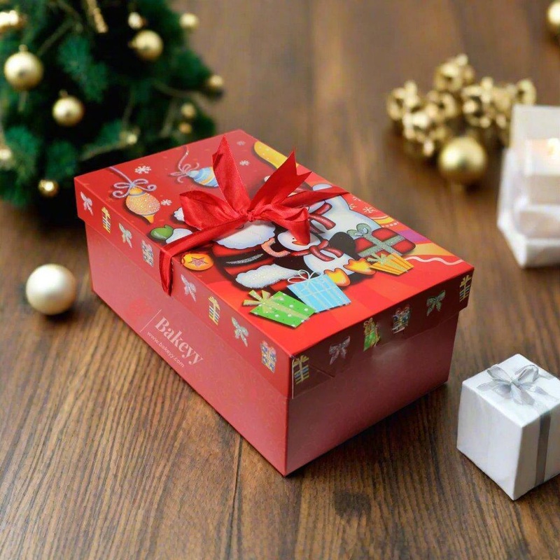 Christmas Rectangular Hamper Box with Ribbon | Cheerful Santa Gift Theme Design | Perfect for Sweets, Hampers, or Return Gifts | Pack of 5