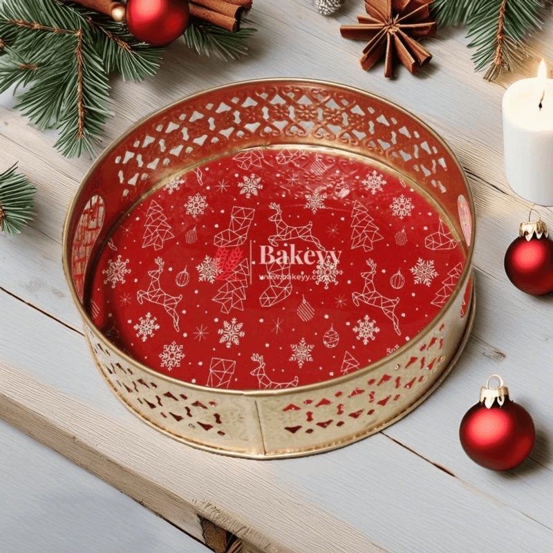 Christmas Tray for Return Gifts | Round Metal Tray Home Decor Items | Decorative Tray for Christmas [Pack of 1]