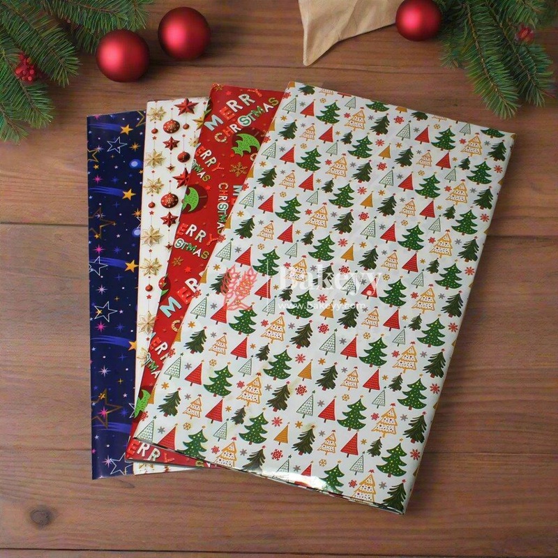 Premium Festive Christmas Wrapping Paper - Red, Blue ,White & Festive Design (Pack of 25)