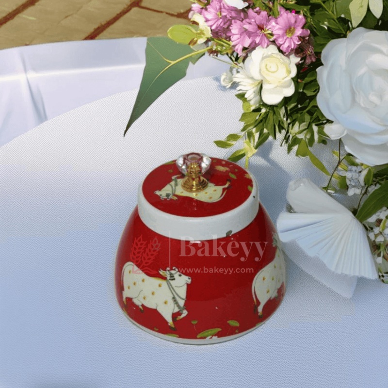 Red Ceramic Cow & Lotus Dry Fruit Jar