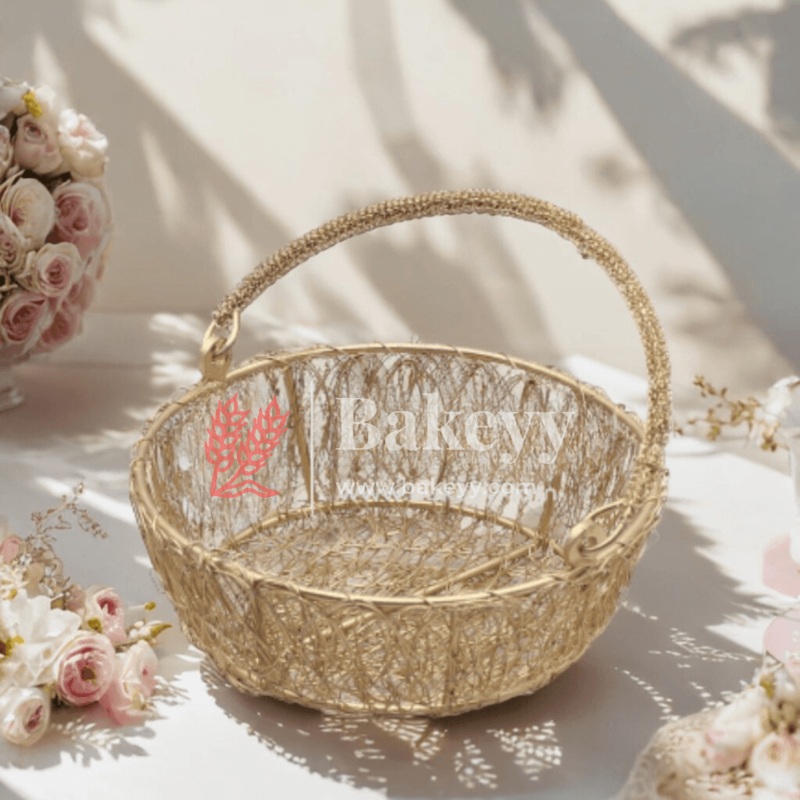 Round Decorative Gold Metal Hamper Basket For Gifting | Return Gifts