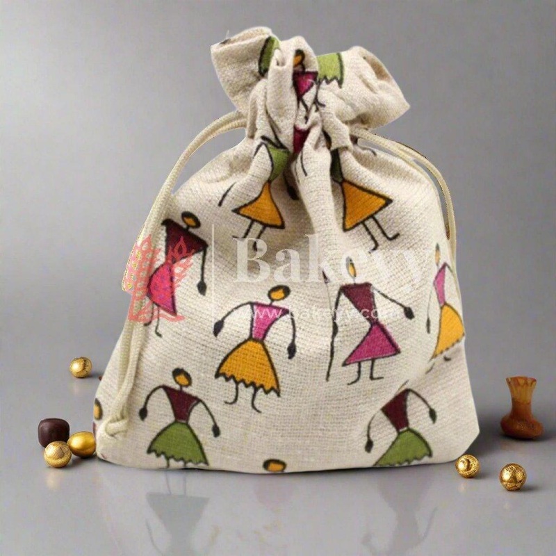 13x18 CM | Original Printed | Printed Potli Jute Bag (Mixed Designs) | Gift Return Gifts Bags |  Drawstring Bags | Pack Of 10