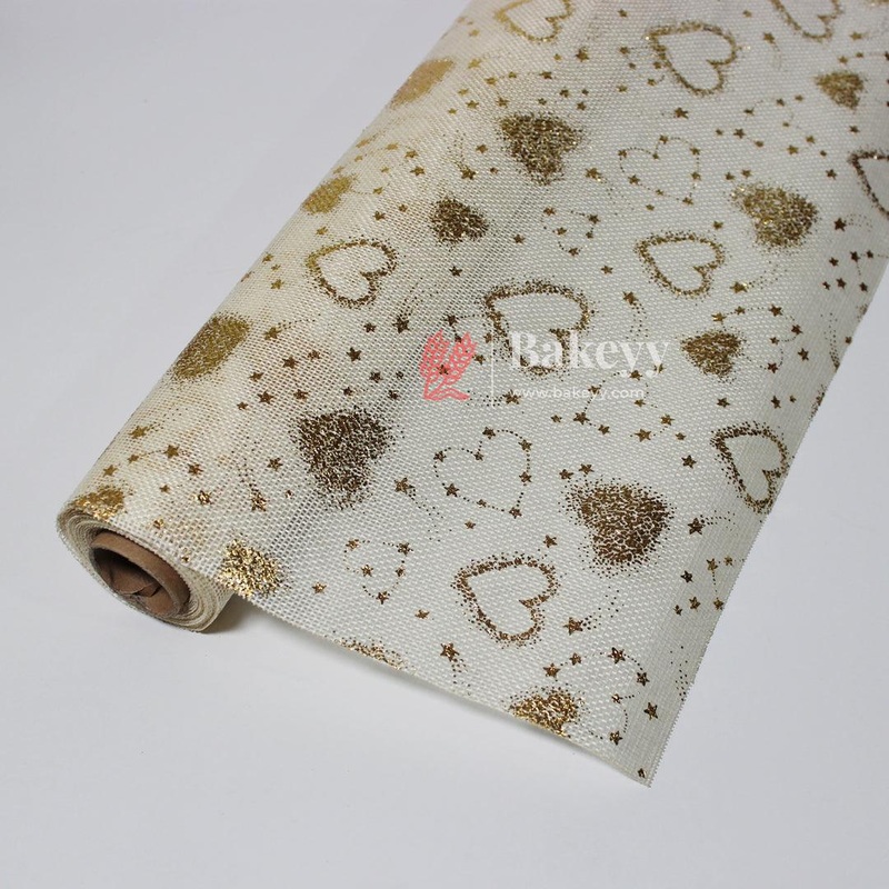 2.7 Mtrs Gold Glitter Heart and Star Mesh Fabric Roll  Perfect for Decorations and Crafts | Jute Net |