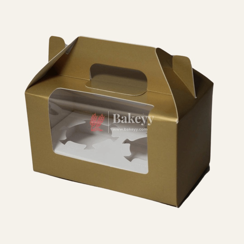 2-Cupcak Box with Handle | Gold Colour | With Front Window |