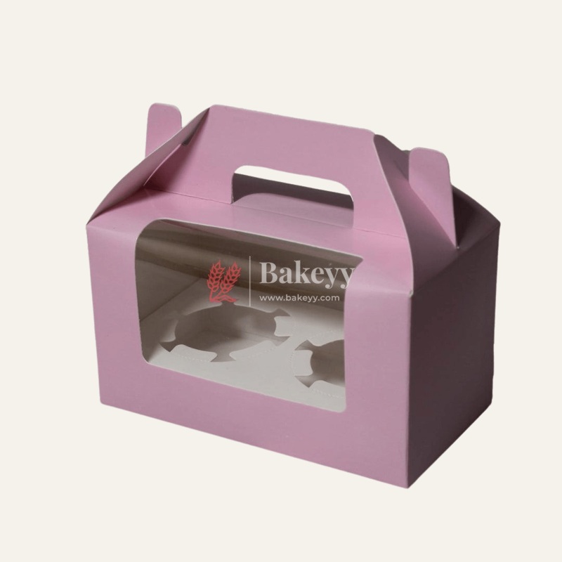 2-Cupcak Box with Handle | Pink Colour | With Front Window |