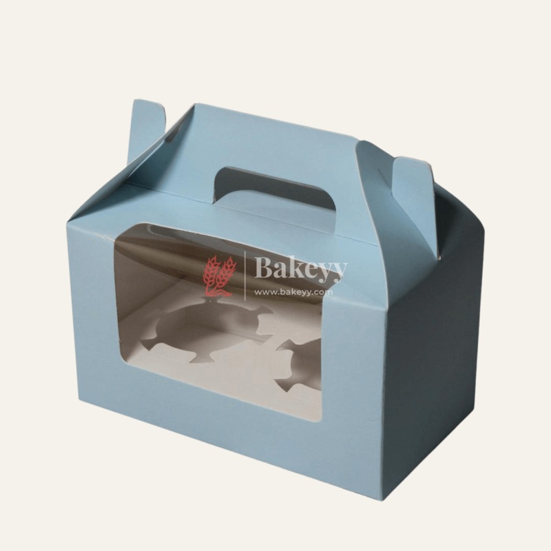 2-Cupcak Box with Handle | Sky Blue Colour | With Front Window |