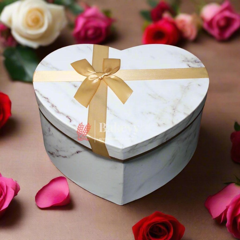 21x17x10 Cm| Heart-Shaped Gift Box with Marble Design and Golden Ribbon |White | Black |Pink |