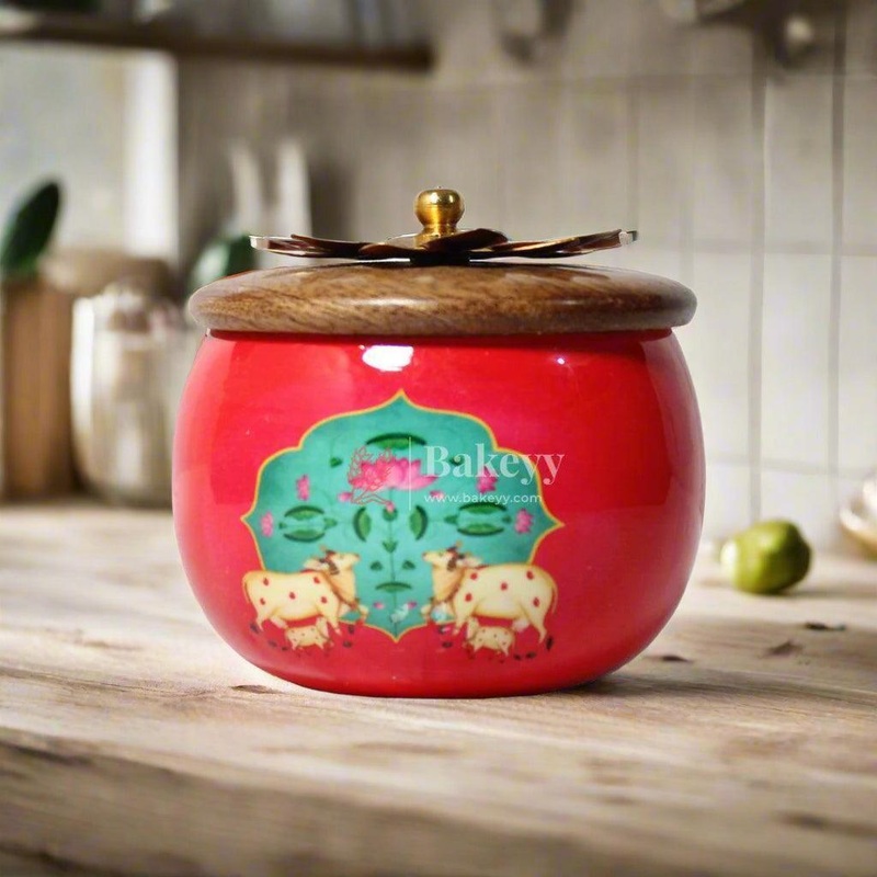 3.5 Inch| Red Handcrafted Decorative Jar with Flower Wooden Lid| Perfect for Gifting Dry Fruits, Candies| 1 Piece