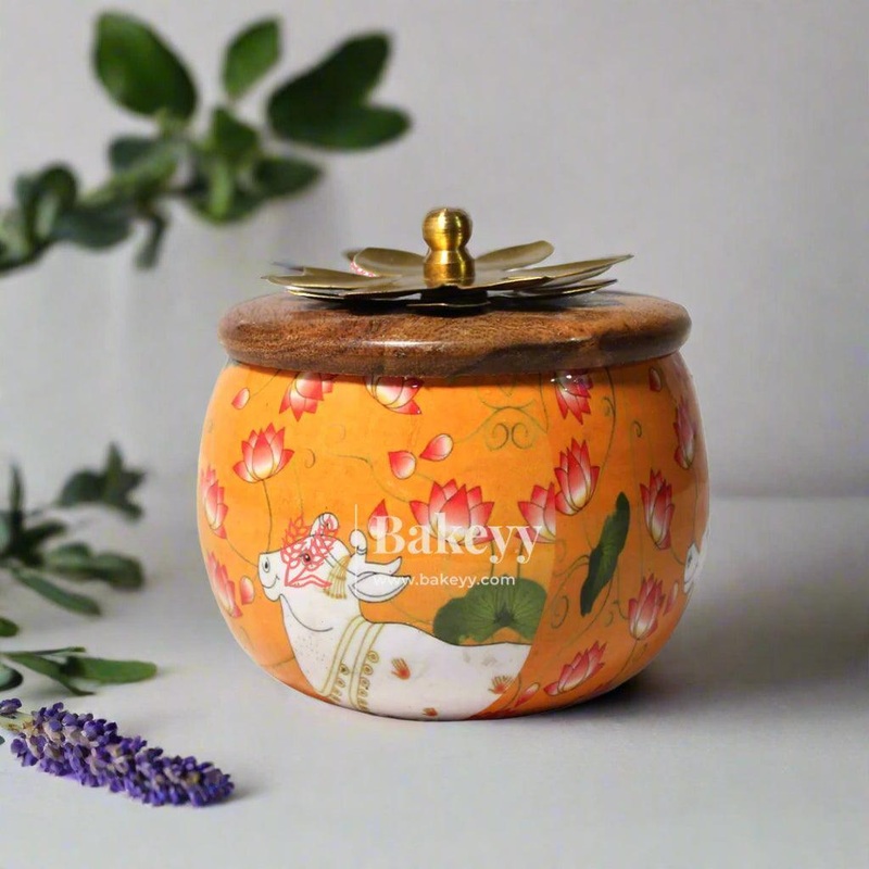 3.5 Inch| Yellow Handcrafted Decorative Jar with Flower Wooden Lid| Perfect for Gifting Dry Fruits, Candies| 1 Piece