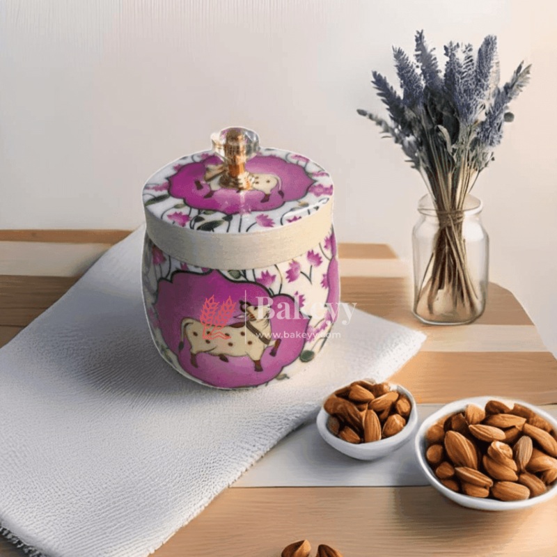 4 Inches |Dry Fruit Jar for Gifting |Designer Jar | Nandi Motif with Lotus Print | 1 Piece